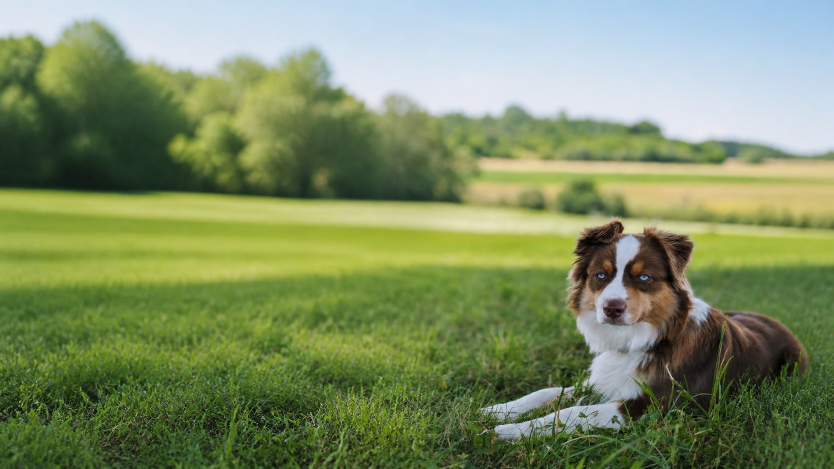 Julias Australian Shepherd liegt aufmerksam in einer grünen Wiese.